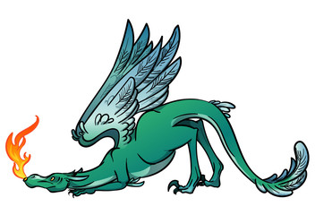 Vector image of a green dragon breathes fire.