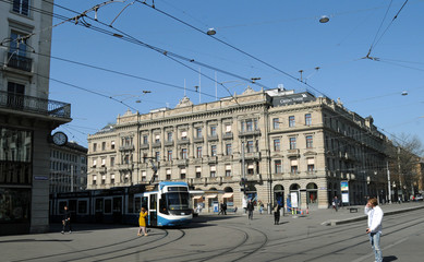 Zürich's Paradeplatz in the financial center in times of Corona Virus log down