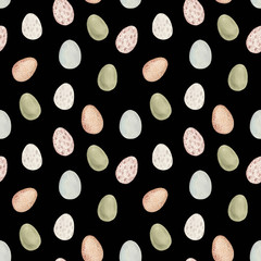 Watercolor seamless pattern of farm bird eggs, eco theme. An excellent solution for products that are positioned as not containing harmful additives and a healthy lifestyle.