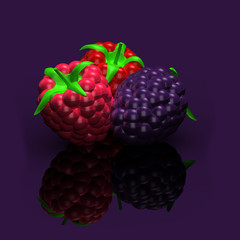 Purple, red, pink berries set, designed in front of purple background, Reflection ground  shiny blackberry, dewberry, raspberry reflections, vertical. Overhead view.  3D illustration. 