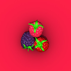 Berries set. Top down colorful shiny fruit. Fresh brilliant red, pink purple berry, blue berry raspberry, blackberry. with leaf  on pink background. Isolated. Top down view. Lighting. 3d rendering