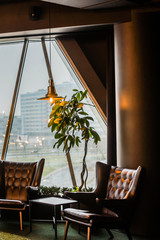 leather chairs and vintage lamp