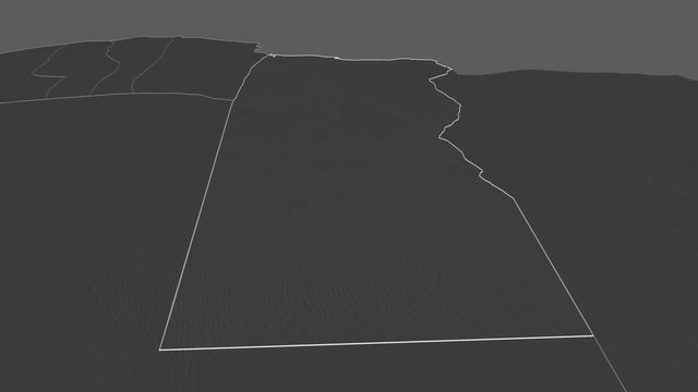 Al Butnan, district with its capital, zoomed and extruded on the bilevel map of Libya in the conformal Stereographic projection. Animation 3D