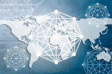 Double exposure digital networking technology on Money and financial city background. Concept of future business trend.  element of this images furnished by NASA.