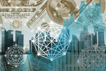 Double exposure money on network connection and city background. Elements of this images furnished by nasa