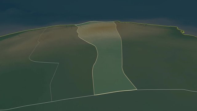 Al Jabal al Akhdar, district with its capital, zoomed and extruded on the relief map of Libya in the conformal Stereographic projection. Animation 3D