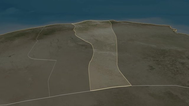 Al Jabal al Akhdar, district with its capital, zoomed and extruded on the satellite map of Libya in the conformal Stereographic projection. Animation 3D