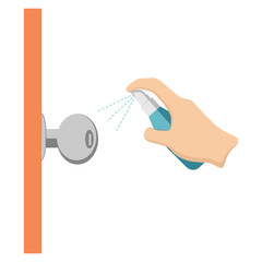 Clean the doorknob with alcohol spray. Flat design vector.