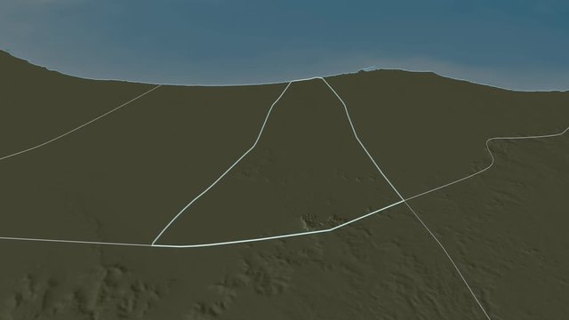 Al Jifarah, district with its capital, zoomed and extruded on the administrative map of Libya in the conformal Stereographic projection. Animation 3D