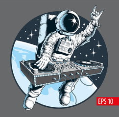 Astronaut dj with turntable in the space. Universe disco party comic style vector illustration. © ledokolua