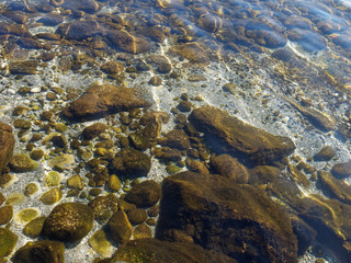 Transparent water of the Lake Neuchâtel in Switzerland. Boulders and pebbles covered with Algae at the bottom of the lake are seen through the water.
