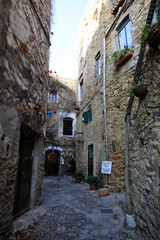 Bussana Vecchia (IM), Italy - December 12, 2017: A typical house and pathway in Bussana Vecchia, Imperia, Liguria, Italy