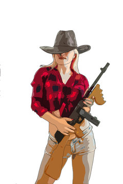 Cute blond cowgirl with revolver isolated on a white background, illustartion