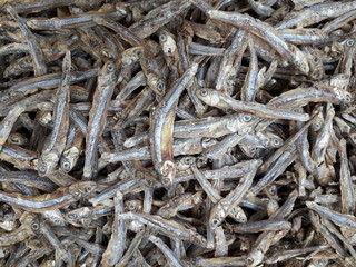 Collection of anchovy sold in the market in the morning.