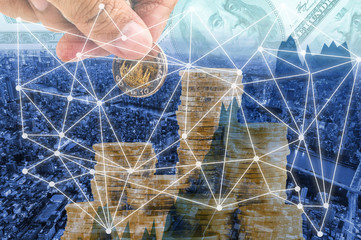 Double exposure money on network connection and city background. Elements of this images furnished by nasa
