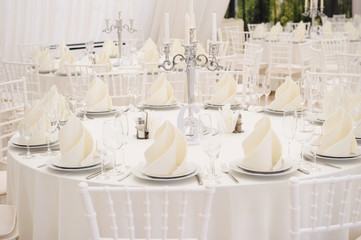Close up view of wedding reception restaurant table