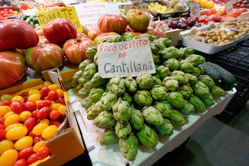 Fresh artichokes on farm market in Spain
