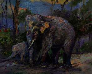 Art painting Oil color Elephant family Thailand