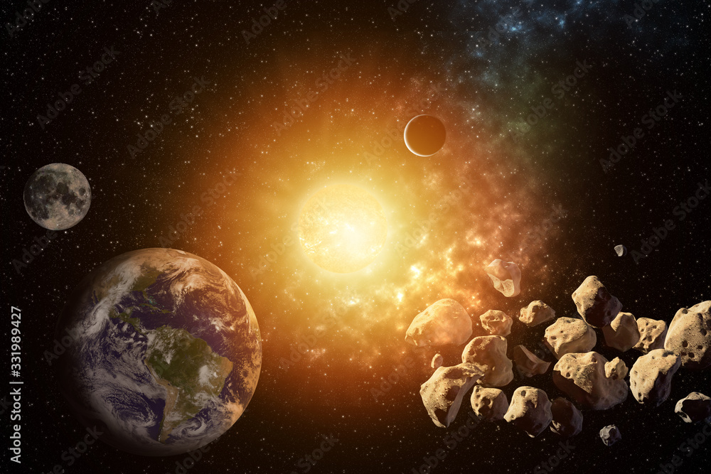 Wall mural planets round the sun in the solar system with asteroids in the colorful starry universe elements of