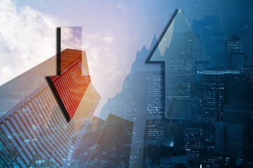 Double exposure business trading graph on city background.