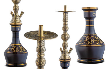 Fototapeta na wymiar Set of water pipe or hookah, isolated on white clear background. Handcrafted traditional and engraved parts of shisha, golden pattern