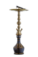 Set of water pipe or hookah, isolated on white clear background. Handcrafted traditional and engraved parts of shisha, golden pattern
