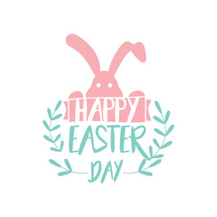 Happy Easter Script Lettering Logo Icon Vector Background Template.  Bunny Rabbit Graphic Design.