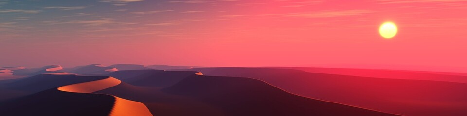 Sand desert at sunset, panorama of desert dunes under the sun, 3D rendering