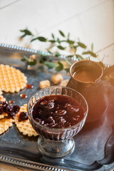 waffles with cherry jam and coffee