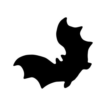 Black silhouette of bat. Vector illustration isolated on white background. Night vampire. Halloween decorative element. Spread wings.  Hand drawn black vector.