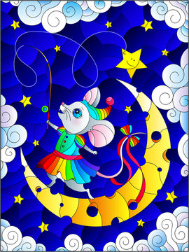 Illustration in stained glass style with a cute cartoon mouse with a fishing rod standing on the moon, against the background of the night sky with clouds and stars