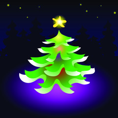 Vector illustration of a Christmas tree illuminated by lights and growing in a spruce forest.