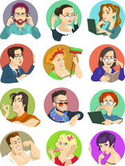 Vector cartoon. Set of funny portraits, avatars of various people. Modern men and women of diverse characters and styles.Team, neighbors, friends.