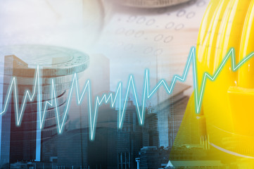 Business and economic trend concept. Double exposure trading graph on city and stock board and...