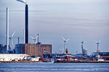 Power plant and vertical axis wind turbines in the sea port