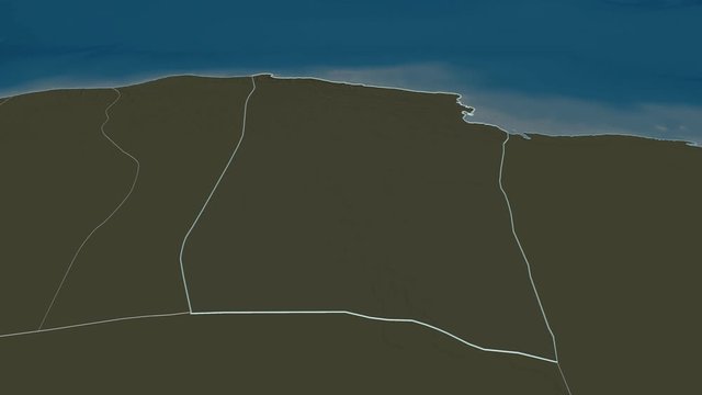 Darnah, district with its capital, zoomed and extruded on the administrative map of Libya in the conformal Stereographic projection. Animation 3D
