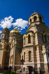 The Nativity of Christ Orthodox Cathedral with golden domes in summer, Riga, Latvia