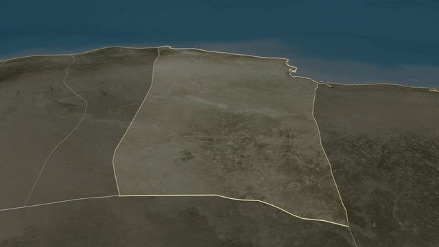 Darnah, district with its capital, zoomed and extruded on the satellite map of Libya in the conformal Stereographic projection. Animation 3D