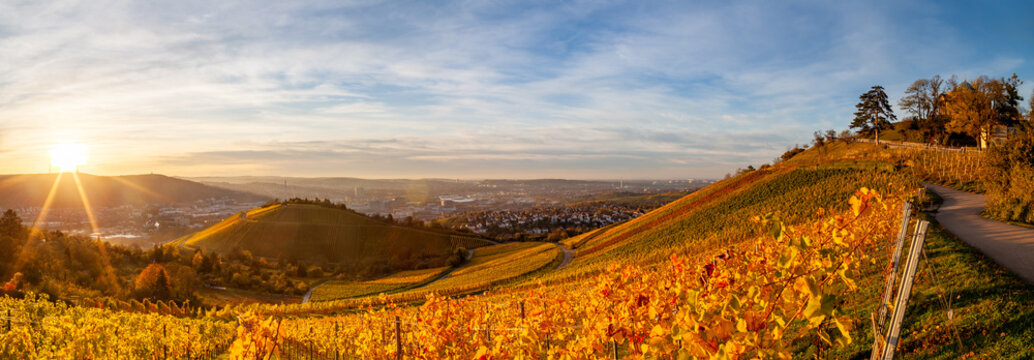 Autumn sunset view of Stuttgart sykline overlooking the colorful vineyards. The iconic Fernsehturm as well as the soccer stadium are visible. The sun is about ot set over the Neckar Valley. © djr-photography