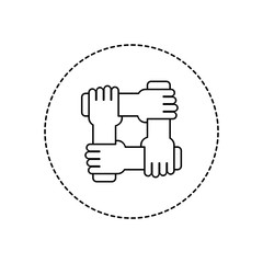 Teamwork line icon in a circle. Four hands holding together. Business success. Equality, unity, community concept. Partnership and fairtrade thin outline sign. Vector illustration, flat style,clip art