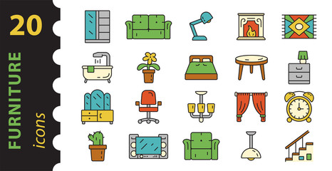 Furniture icon set and home decor in color. Pictogram linear style