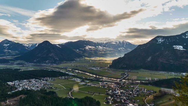 Aerial view from Wiesing towards Zillertal and Inntal in Tyrol, Austria. Time lapse.