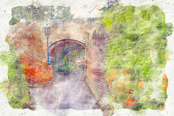 watercolor style and abstract illustration of background of old brick wall covered with moss in the street