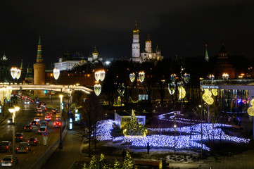 View of the Kremlin and Moskvoretskaya embankment, Zaryadye park with New Year and Christmas decorations, Moscow, Russian Federation, January 10, 2020