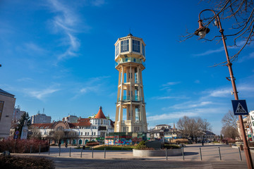 Water tower on main square in Siofok, town near the Balaton lake and one of Hungary's most popular holiday destinations