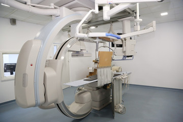 Angio lab in a hospital with diagnostic imaging equipment used to visualize the arteries and the chambers of the heart