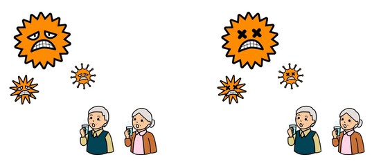 病気の予防のためにうがいをする高齢者とウイルス