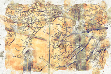 watercolor style and abstract illustration of ancient house and bare trees at winter
