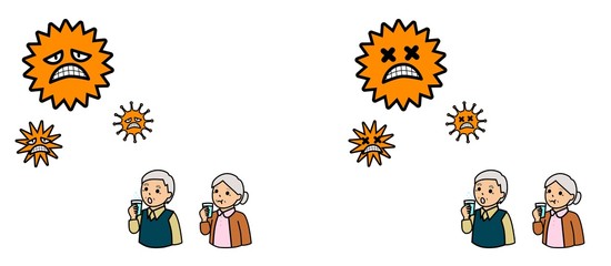 病気の予防のためにうがいをする高齢者とウイルス