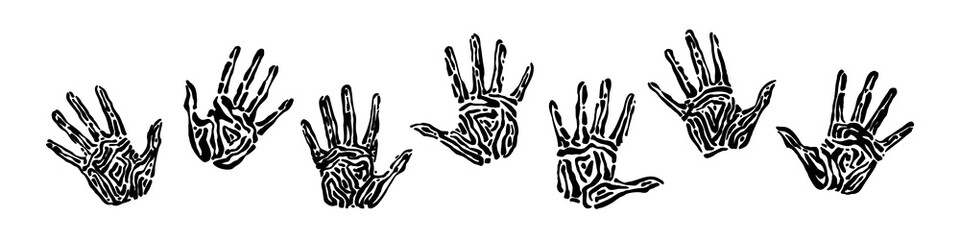 Endangered ancient handprint set. Hand drawn human palm prints graphic vector illustration, black isolated on white background painted by ink